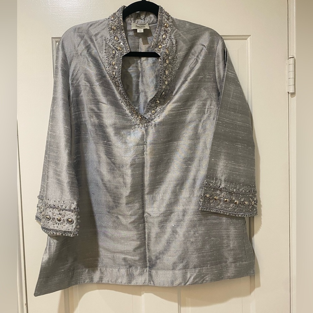 Neiman Marcus Exclusive vintage silver silk tunic top beaded evening blouse